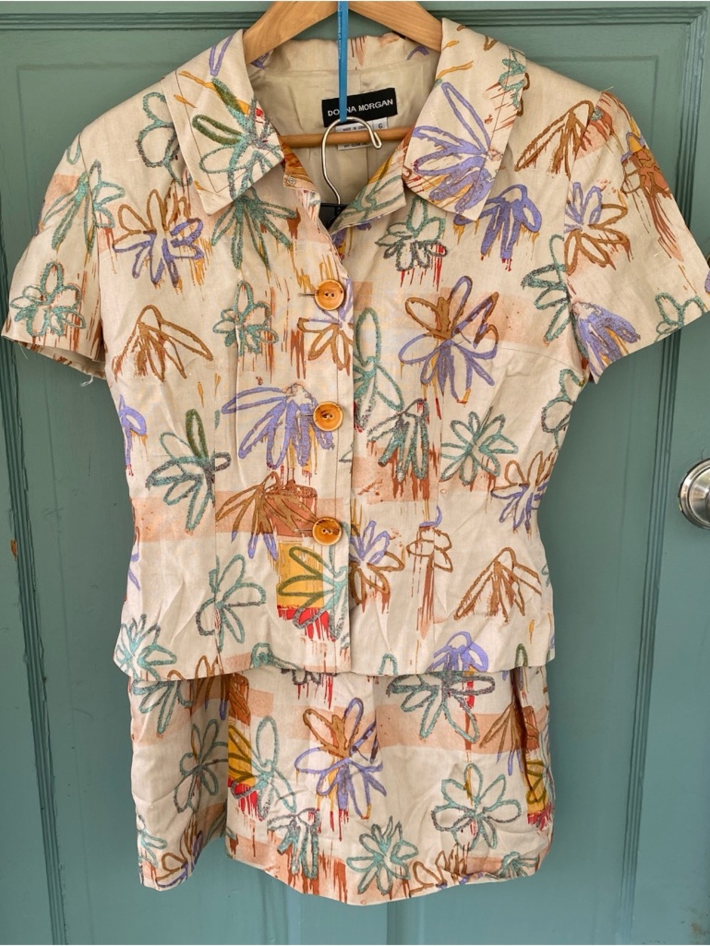 Vintage Donna Morgan silk short sleeve button down top skirt set cream 6